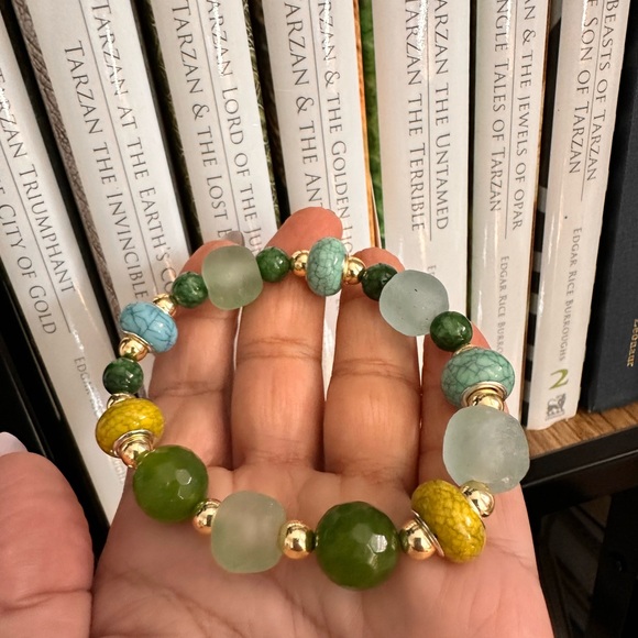RARE TAIWAN JADE + SEA GLASS + BURMA JADE NATURAL STONES BRACELET size 7” - Picture 10 of 13